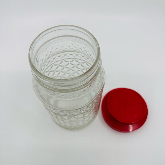 Vintage Anchor Hocking Glass Canister Jar Wexford Quilt Pattern With Red Lid - Picture 5 of 7